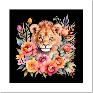 A lion cub decorated with beautiful watercolor flowers Posters and Art